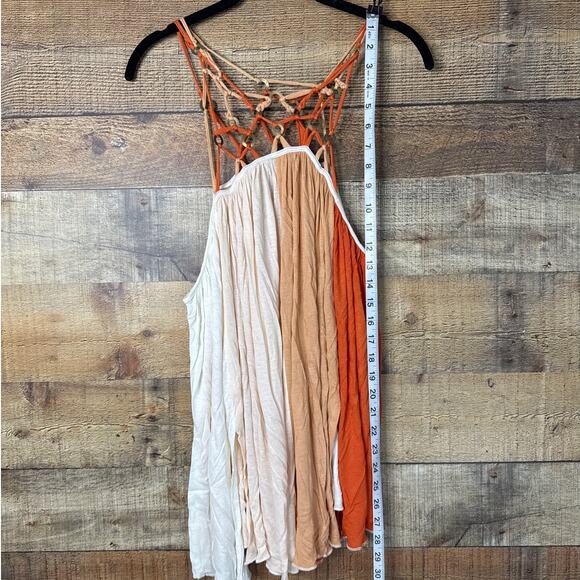 𝅺Free People Macrame Tunic Tank Top Colorblock Orange Tan White Size XS - Picture 11 of 11